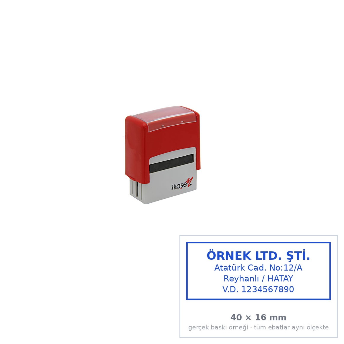 Firma Kaşesi — Otomatik 40×16 mm (4 Satır) Firma Kaşesi — Otomatik 40×16 mm (4 Satır) — Kırmızı gövde, baskı örneğiyle