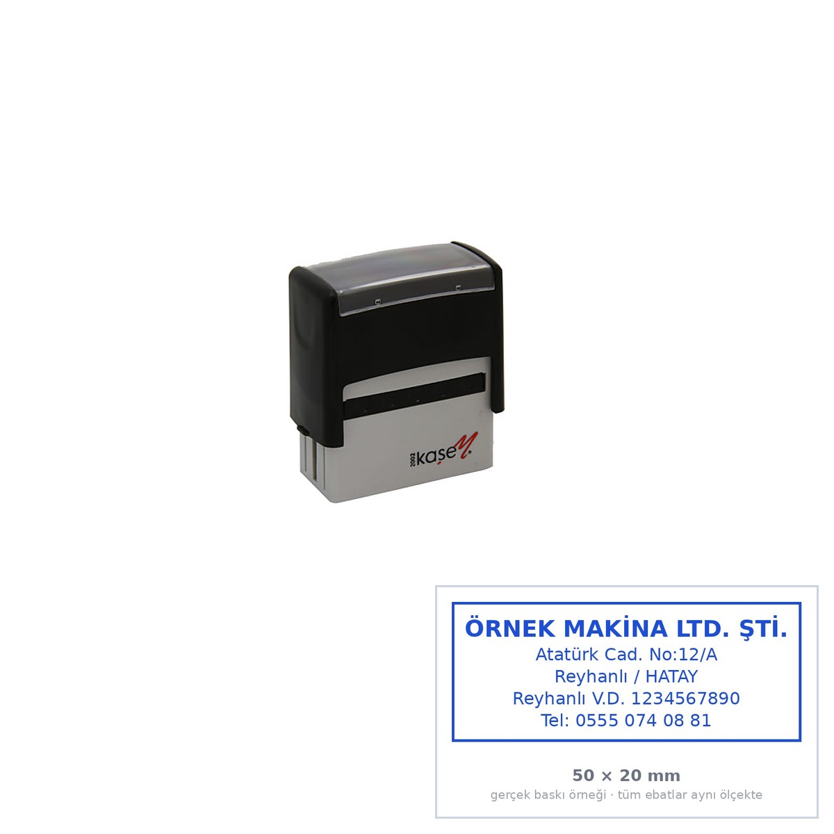 Şirket Kaşesi — Otomatik 50×20 mm (5 Satır) Şirket Kaşesi — Otomatik 50×20 mm (5 Satır) — Siyah gövde, baskı örneğiyle