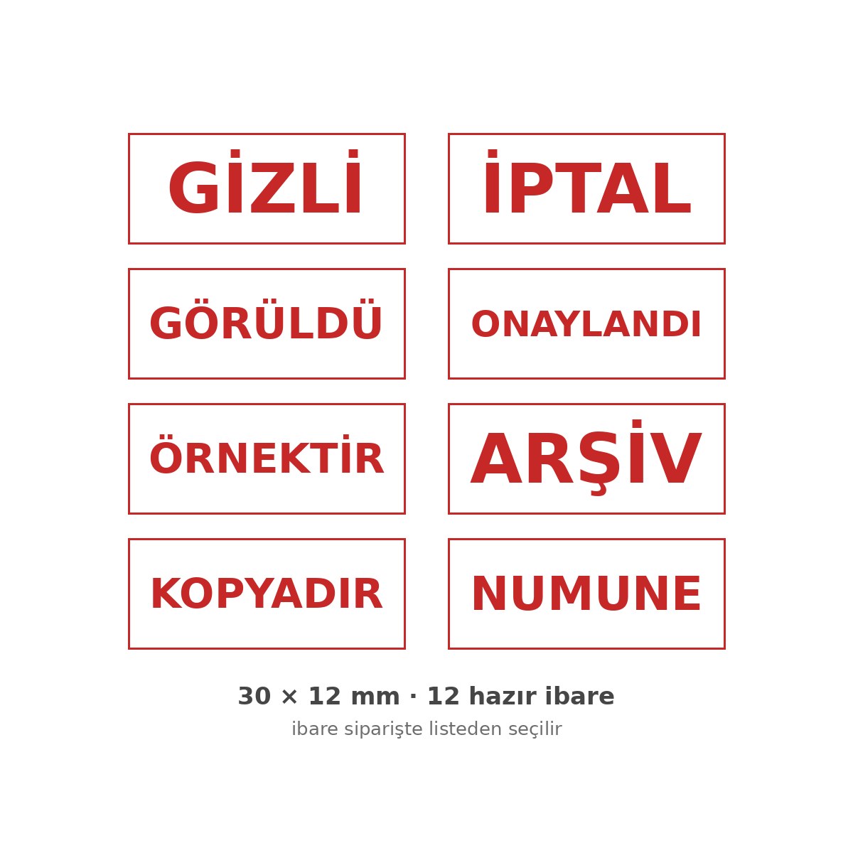 Hazır ibare ofis kaşesi — 12 ibare, 30×12 mm Hazır ibare ofis kaşesi — 12 ibare, 30×12 mm