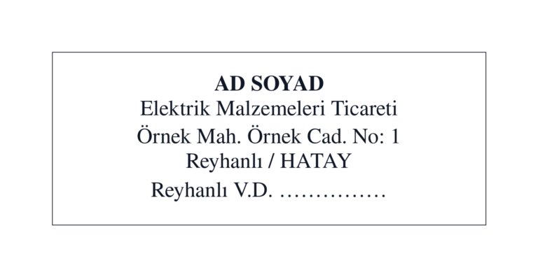 Şahıs şirketi kaşe örneği — 50×20 mm otomatik kaşe baskı izi: ad soyad, faaliyet unvanı, adres, vergi dairesi